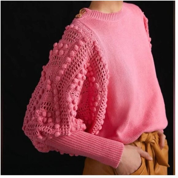 Stella Pardo Sweaters - Stella Pardo Paris Pink Crochet-Sleeved Sweater